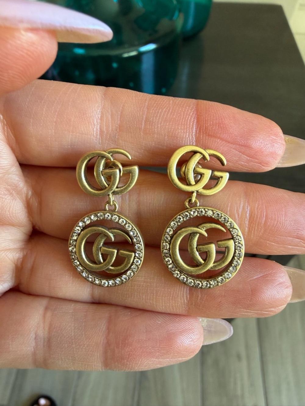 Gucci Gold Interlocking G Crystal Drop Earrings